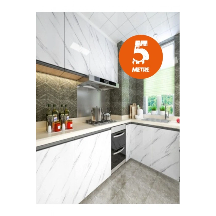 Gri 5mt X 60 Cm Mermer Desenli Masa Tezgah Mutfak Su Geçirmez Yapışkanlı Folyo
