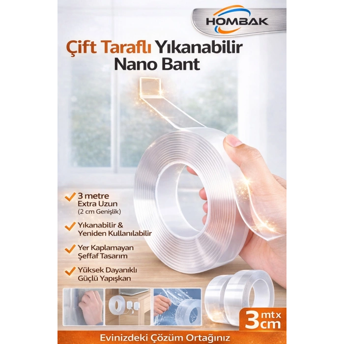 Çift Taraflı Nano Bant Süper Güçlü Şeffaf Çift Taraflı Bant 1.8 Metre