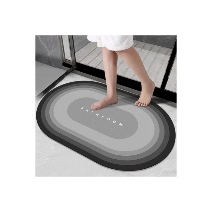 Gri Oval Sihirli Su Emici Banyo Paspası Kaymaz Tabanlı Abdest Paspası 3,5 Mm 40x60