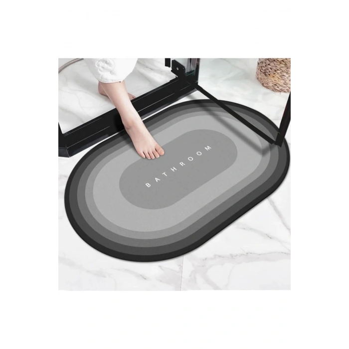 Gri Oval Sihirli Su Emici Banyo Paspası Kaymaz Tabanlı Abdest Paspası 3,5 Mm 40x60