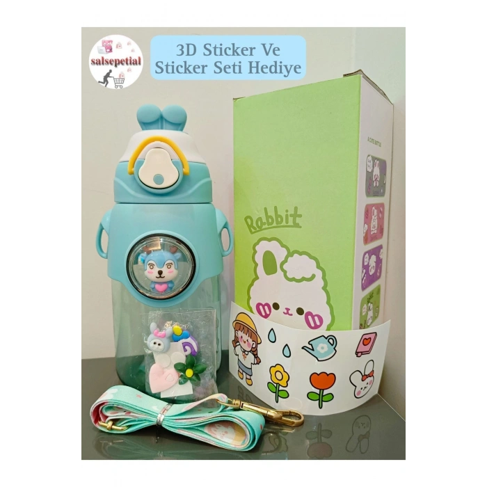 Geyik Su Matarası Geyikli Suluk Figürlü Su Şişesi 3D Sticker Hediyeli Pipetli Matara 650ml
