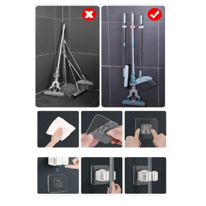 4 Adet Kelebek Yapışkanlı Mop Fırça Çekpas Sap Tutucu Organizer Banyo Düzenleyici