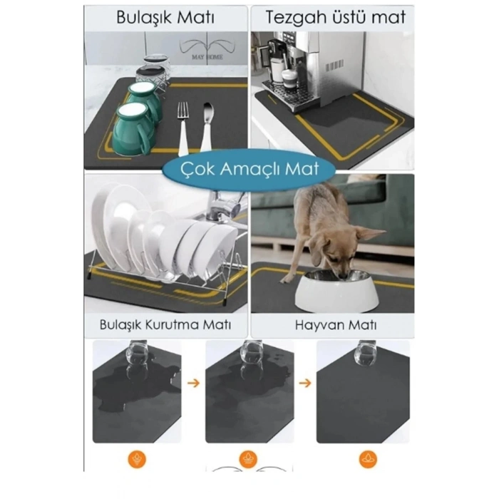 Su Emici Bulaşık Kurutma Örtüsü Siyah Tezgah Üstü Bulaşık Matı Süper Emici Bulaşıklık