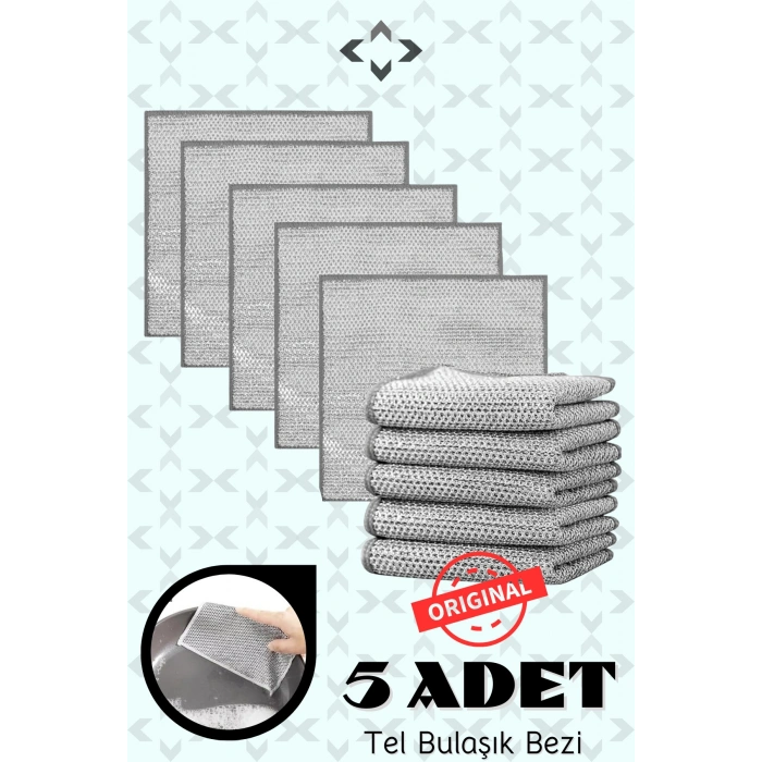 5 Adet Tel Bulaşık Bezi Çizmez Bulaşık Teli Çelik Bez 20x20 Çift Katmanlı Temizlik Bezi
