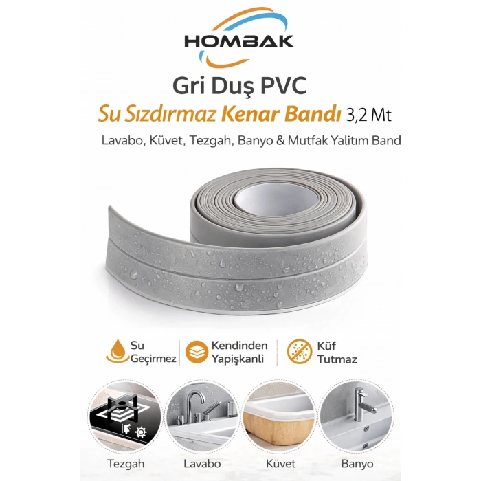 Gri Duş Pvc Lavabo Küvet Tezgah Kenar Banyo Mutfak Pencere 3,2 Mt Su Sızdırmaz Geçirmez Yalıtım Bant