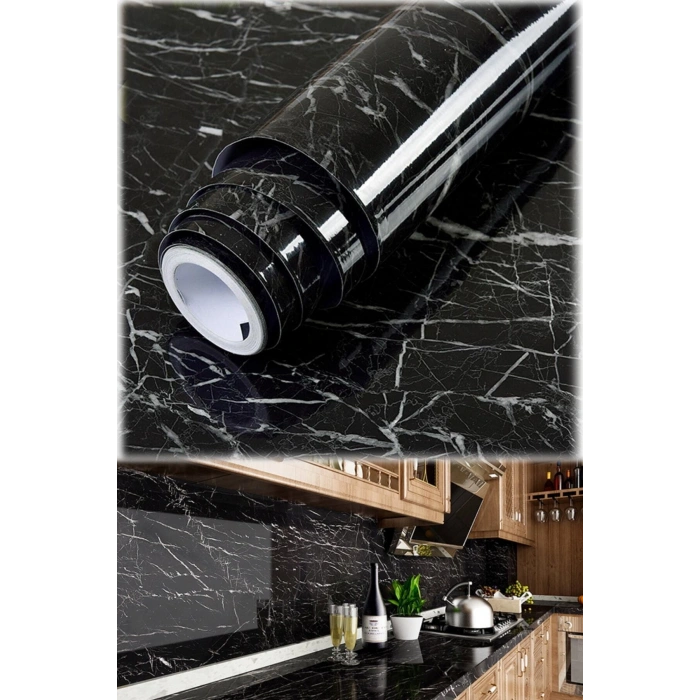 Siyah Yapışkanlı Mermer Görünümlü Masa Tezgah Dolap Mutfak Banyo 5 Metre X 60 Cm Folyo Kağıt Şık
