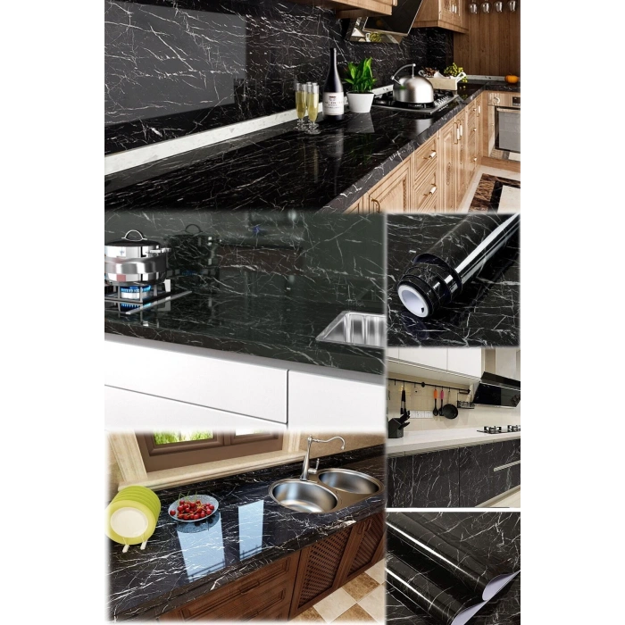 Siyah Yapışkanlı Mermer Görünümlü Masa Tezgah Dolap Mutfak Banyo 5 Metre X 60 Cm Folyo Kağıt Şık