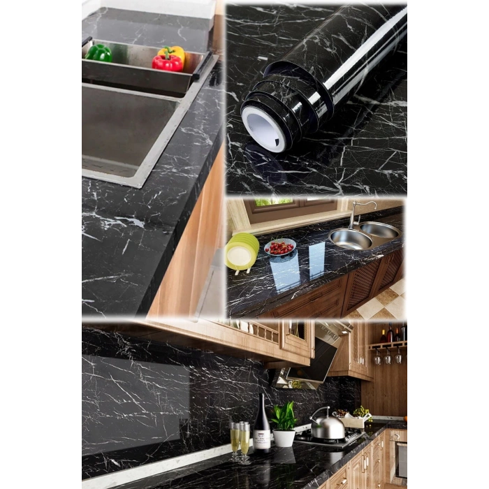 Siyah Yapışkanlı Mermer Görünümlü Masa Tezgah Dolap Mutfak Banyo 5 Metre X 60 Cm Folyo Kağıt Şık