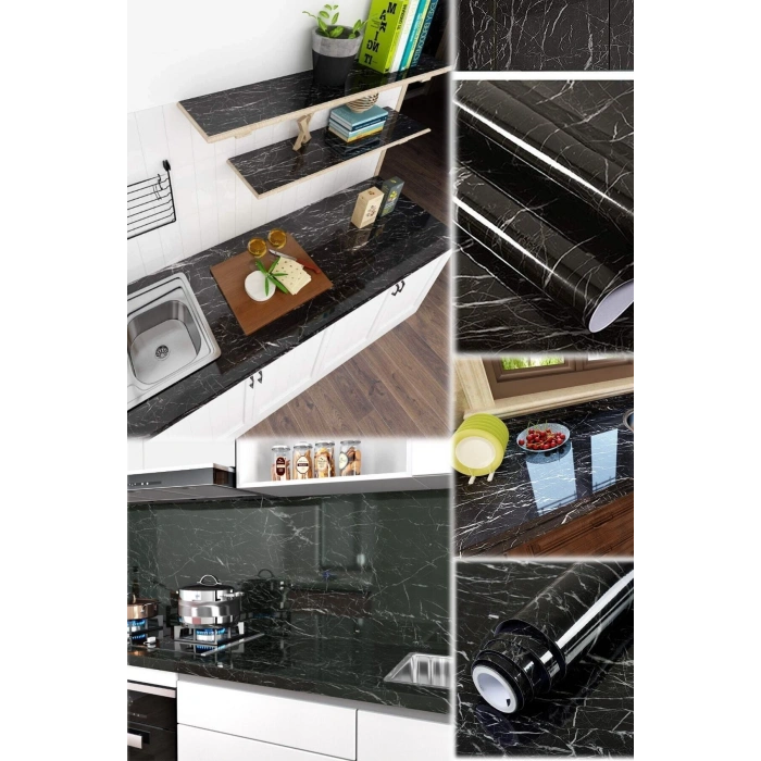 Siyah Yapışkanlı Mermer Görünümlü Masa Tezgah Dolap Mutfak Banyo 5 Metre X 60 Cm Folyo Kağıt Şık