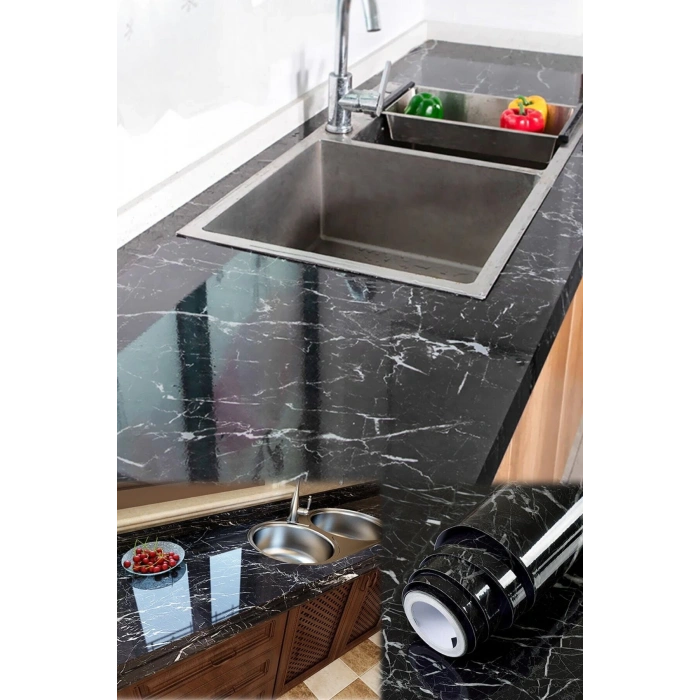 Siyah Yapışkanlı Mermer Görünümlü Masa Tezgah Dolap Mutfak Banyo 5 Metre X 60 Cm Folyo Kağıt Şık