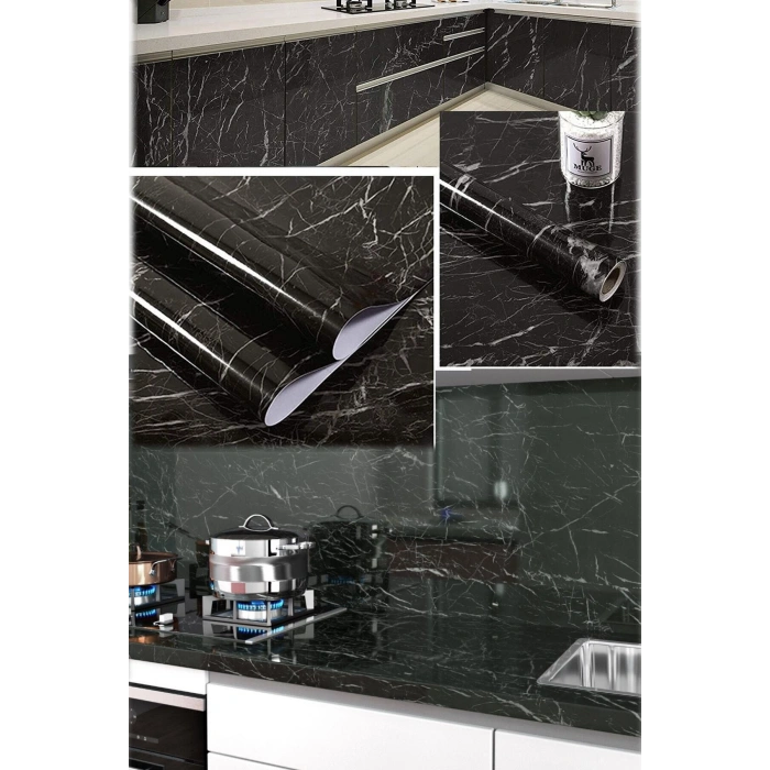 Siyah Yapışkanlı Mermer Görünümlü Masa Tezgah Dolap Mutfak Banyo 5 Metre X 60 Cm Folyo Kağıt Şık