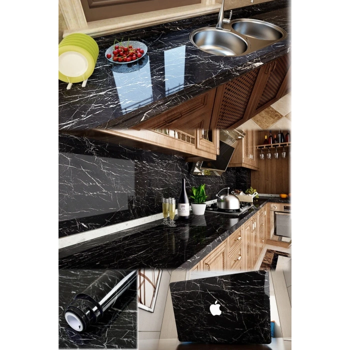 Siyah Yapışkanlı Mermer Görünümlü Masa Tezgah Dolap Mutfak Banyo 5 Metre X 60 Cm Folyo Kağıt Şık