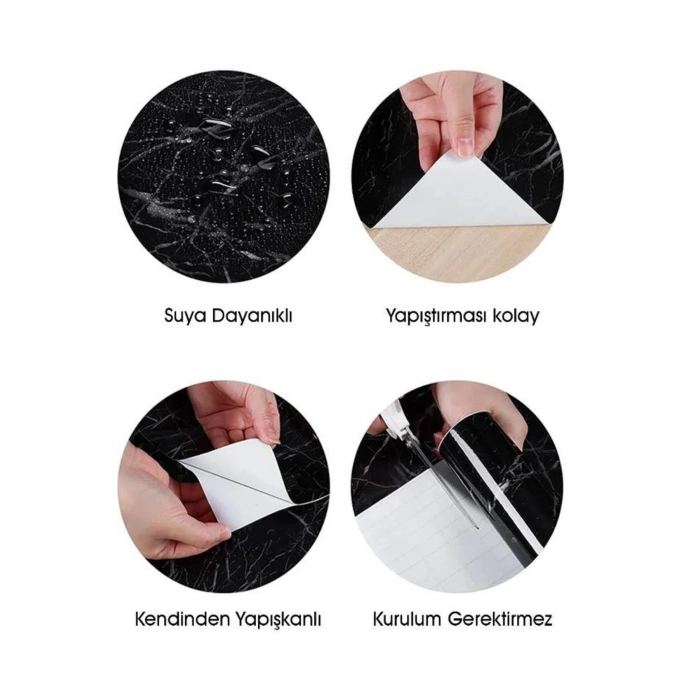 Mermer Desenli Kendinden Yapışkanlı Duvar Kağıdı Kaplama Mutfak Dolap Tezgah Üstü Folyo Siyah 5m