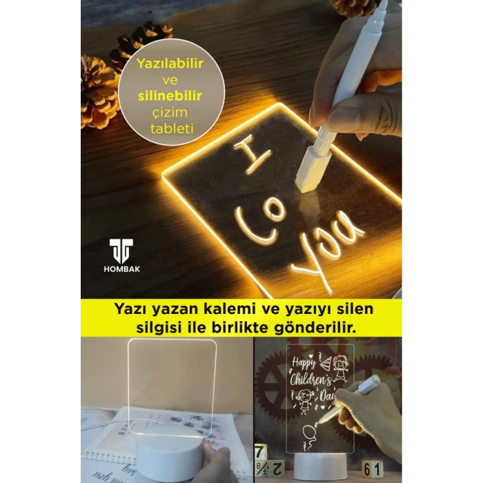 Led Çizim Tableti Gece Lambası Yazılıp Silinebilir Sevgiliye Hediye Çocuk Not Mesaj