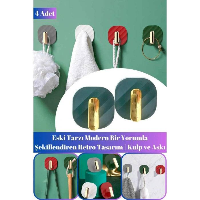 4 Adet Keninden Yapışkanlı Çok Amaçlı Retro Askı  Dolap Kapak  Kulpu