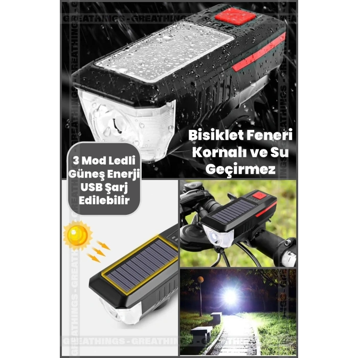 Solar Enerjili Usb Ile Şarj Edilebilir 3 Modlu Ledli Bisiklet Feneri Kornalı Ve Su Geçirmez Far