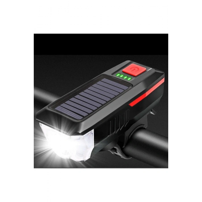 Solar Enerjili Usb Ile Şarj Edilebilir 3 Modlu Ledli Bisiklet Feneri Kornalı Ve Su Geçirmez Far