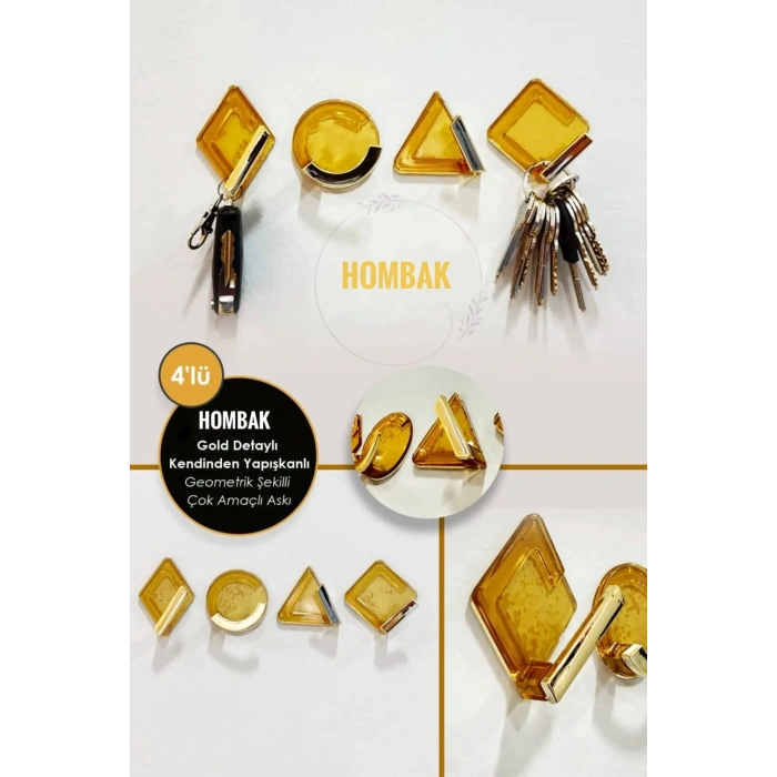 4 Adet Kendinden Yapışkanlı Gold Detaylı Geometrik Şekilli Güçlü Askı 4lü Askı Tutucu Düzenleyici