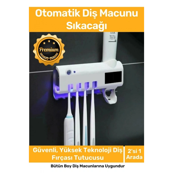 Deluxe Güneş Enerjili Usb Şarjlı Otomatik Sterilizatörlü Diş Macun Sıkacağı  4 Adet Fırçalığı Tutucu
