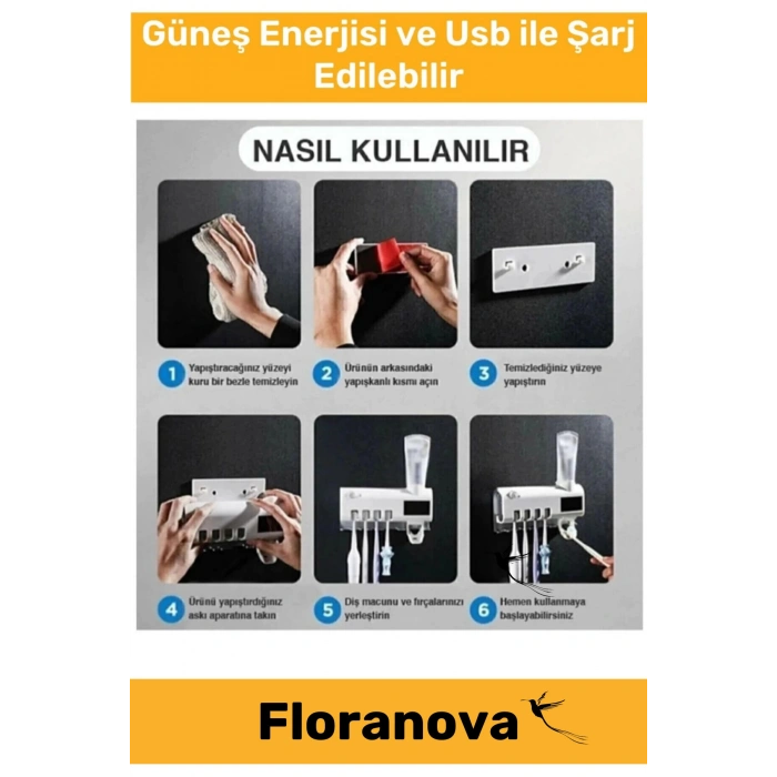 Deluxe Güneş Enerjili Usb Şarjlı Otomatik Sterilizatörlü Diş Macun Sıkacağı  4 Adet Fırçalığı Tutucu