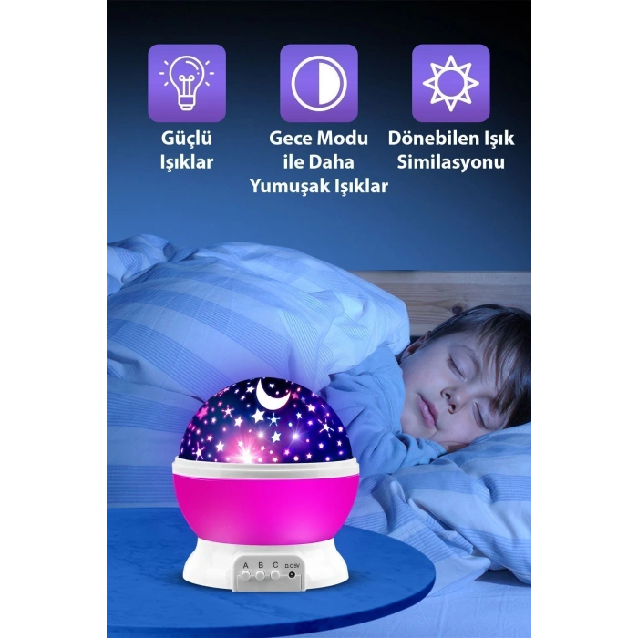 Özel Üretim Ay ve Yıldızlı Gökyüzü Projeksiyon Gece Lambası - Pembe, Çocuk ve Bebek Odası İçin