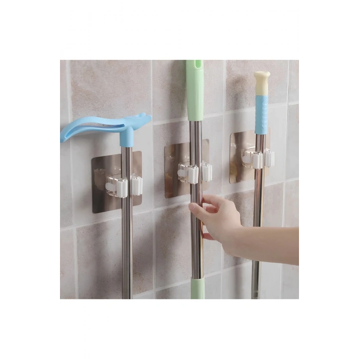 3 Adet Mutfak Banyo Askı Yapışkanlı Duvara Monte Fırça Süpürge Mop Ve Paspas Tutucu Gold