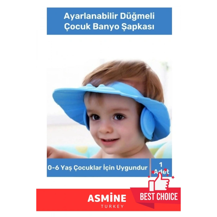 Bebek Banyo Şapkası Duş Başlığı Ayarlanabilir Düğmeli Çocuk Küvet Göze Su Kaçırmayan Mavi Şapka