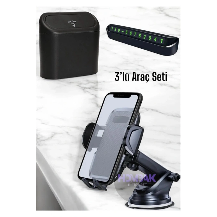 3 lü Araç Seti Mini Çöp Kovası, Numaratör, 360 Telefon Tutucu Özel Set