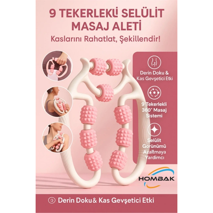 Kas Gevşetici Masaj Aleti 9 Tekerlekli Ayarlanabilir Lenf Drenaj Rulosu Bacak Kol Selülit