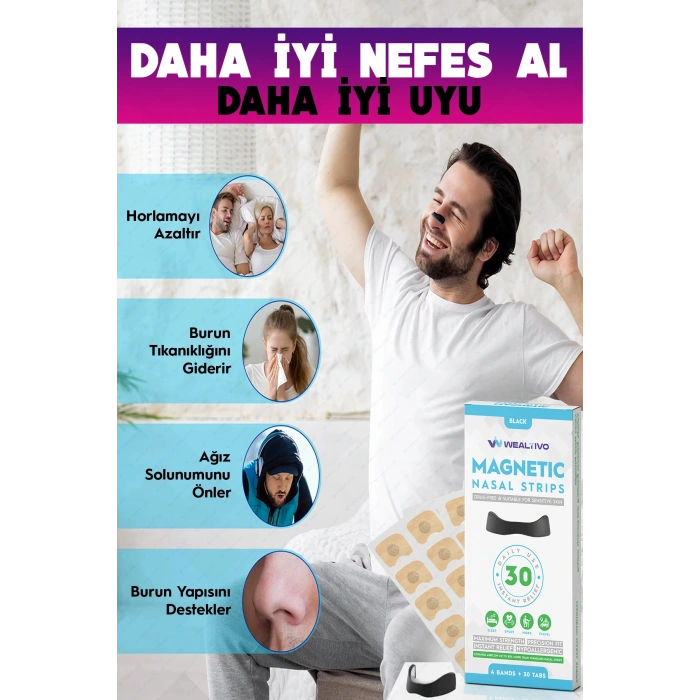 Horlama Önleyici Mıknatıslı Burun Bandı 30lu Set, Premium Horlama Azaltıcı Estetik Siyah Dilatör