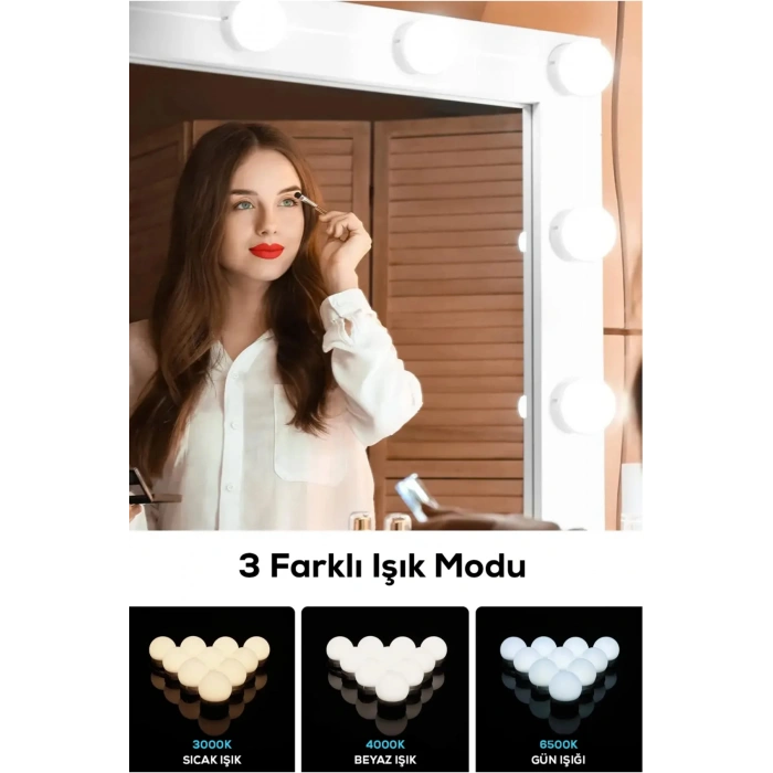 Hollywood Makyaj Aynası Led Işıklandırma Seti – 10 Ampullü Işık Ayarlı Ayna Aydınlatması 8389