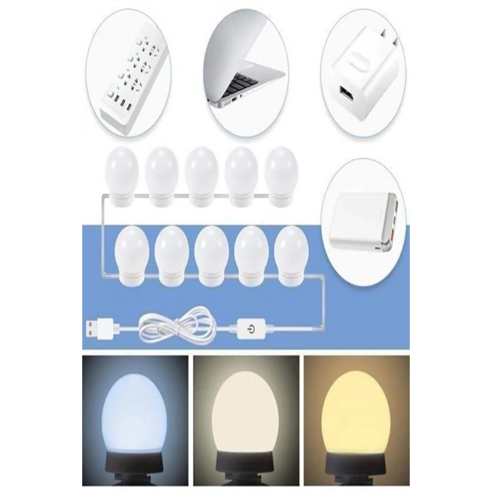 10 Ledli 3 Renk Ayarlanabilir Usbli Makyaj Masası Aynası Aydınlatma Led Işıklı Solist Lamba