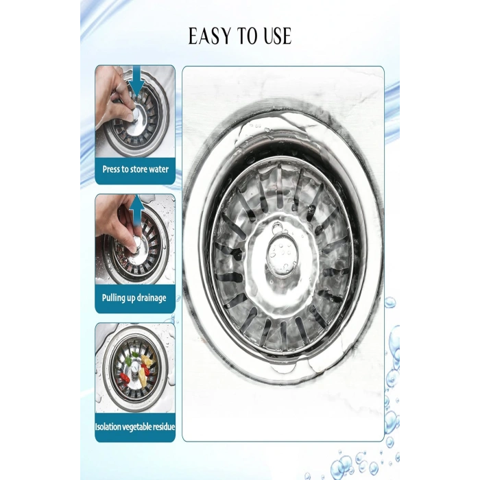 3lü Set Paslanmaz Çelik Süzgeç Lavabo Evye Gider Süzgeç Ve Tıkacı İki Yönlü (8 Cm)