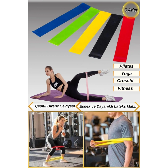5li Farklı Renk ve Direnç Seviyeli Pilates Crossfit Bant Seti