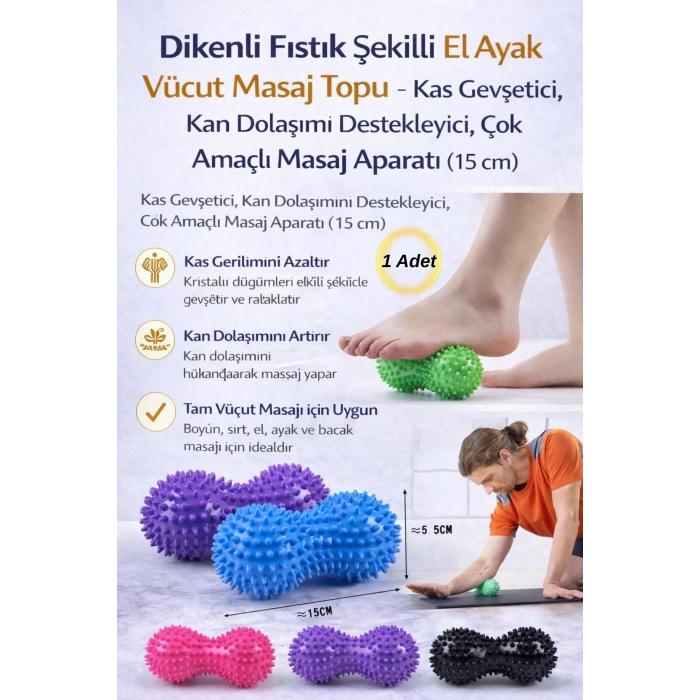 Dikenli Fıstık Şekilli El Ayak Vücut Masaj Topu – Kas Gevşetici, Kan Dolaşımı Destekleyici (15 cm)