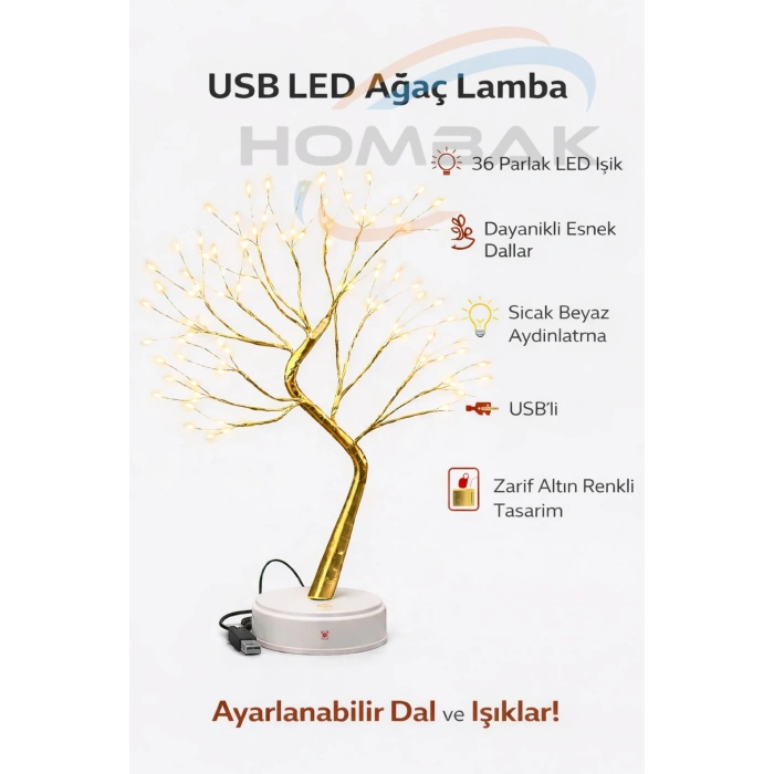 Boncuklu USB LED Dekoratif Ağaç Masa Lambası – Sıcak Beyaz Işık