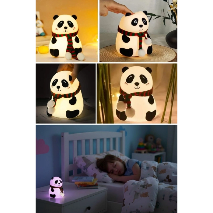 5 Farklı Renk Modlu Panda Figürlü Pofuduk LED Gece Lambası–Yumuşak Dokulu Çocuk Odası ve Dek
