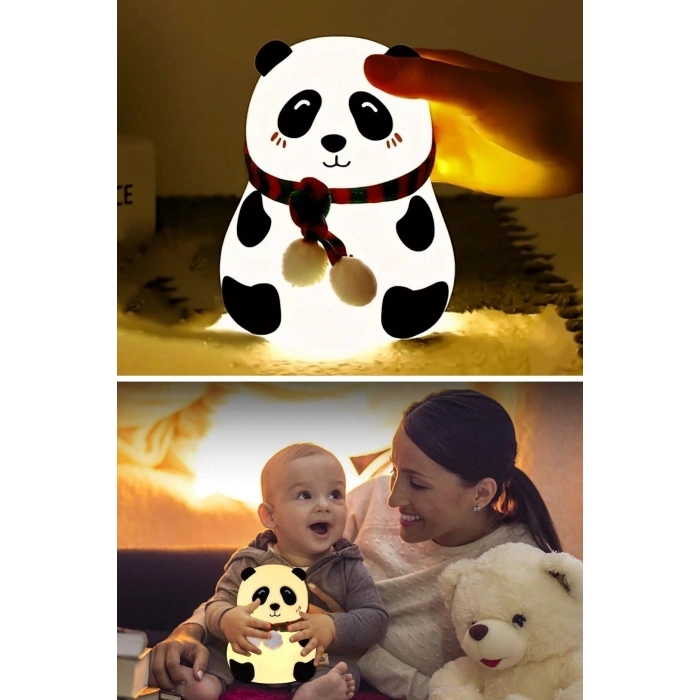 5 Farklı Renk Modlu Panda Figürlü Pofuduk LED Gece Lambası–Yumuşak Dokulu Çocuk Odası ve Dek