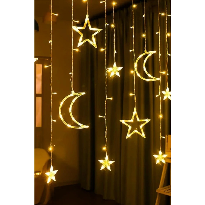 Gün Işığı Ay Yıldız Perde LED Işık 3 Metre – Dekoratif Oda, Balkon ve Ramazan Süsleme Lambası