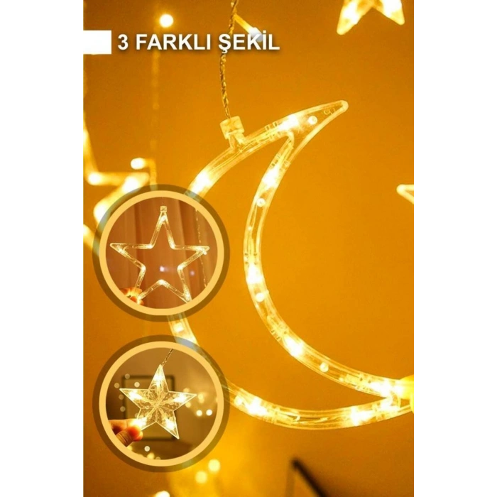 Gün Işığı Ay Yıldız Perde LED Işık 3 Metre – Dekoratif Oda, Balkon ve Ramazan Süsleme Lambası