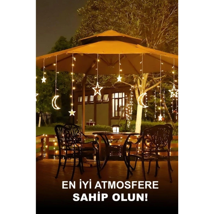 Gün Işığı Ay Yıldız Perde LED Işık 3 Metre – Dekoratif Oda, Balkon ve Ramazan Süsleme Lambası