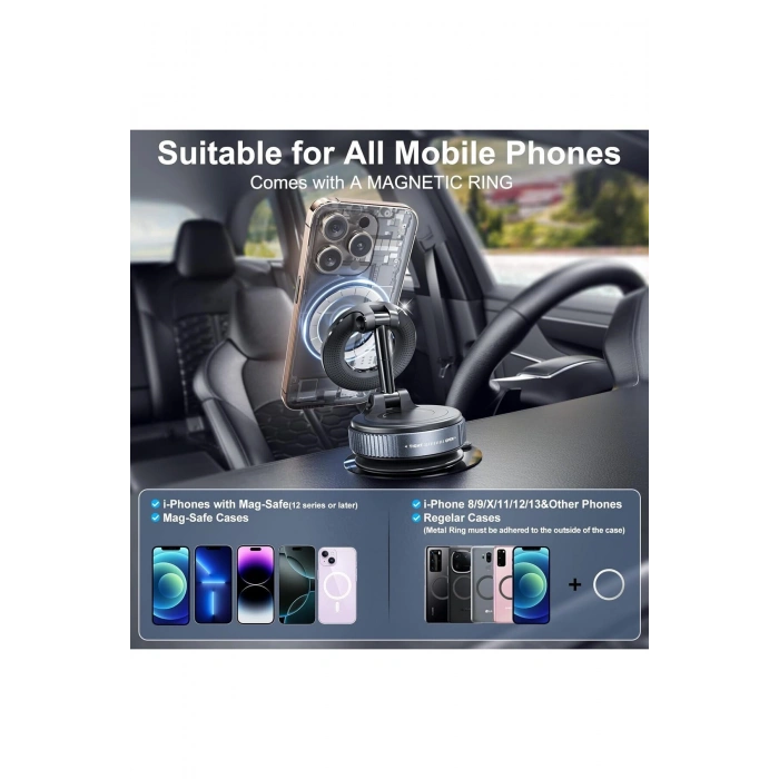 360° Dönebilen Vakumlu MagSafe Araç İçi Telefon Tutucu – Ayarlanabilir Manyetik Oto Telefon Standı