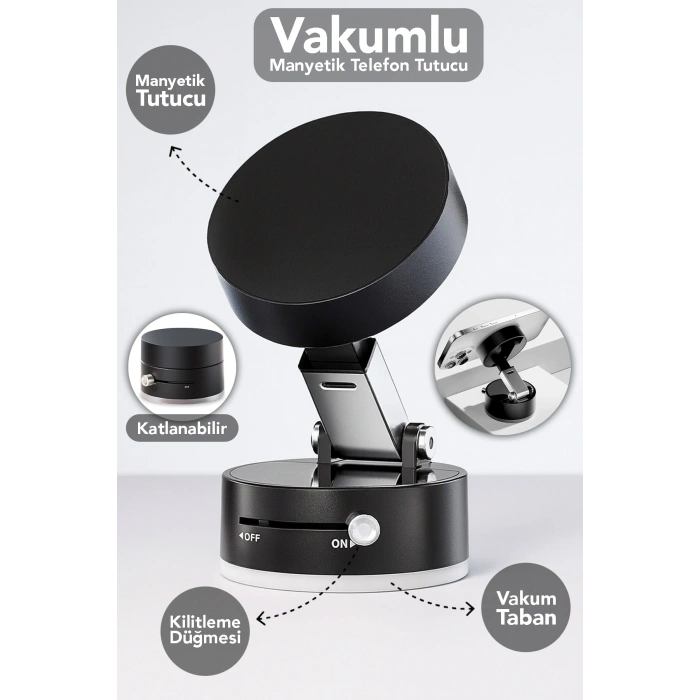 Vakumlu Telefon Tutucu - Katlanabilir Vakum Tabanlı Manyetik Araç İçi Telefon Tutacağı Siyah
