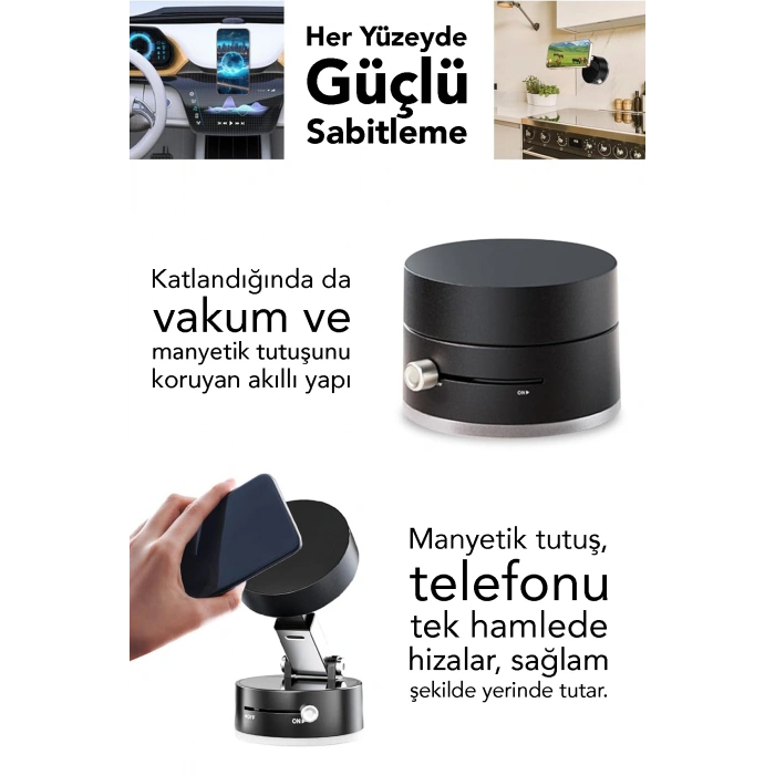 Vakumlu Telefon Tutucu - Katlanabilir Vakum Tabanlı Manyetik Araç İçi Telefon Tutacağı Siyah