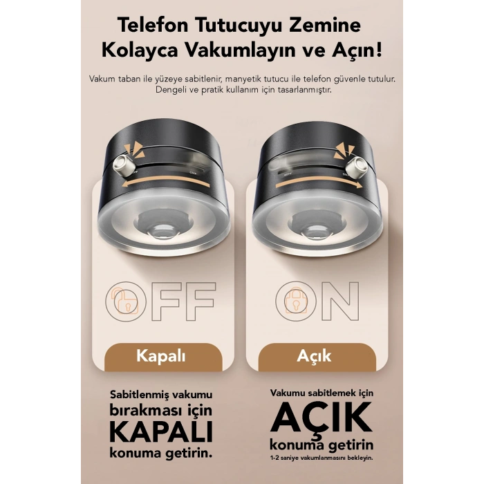 Vakumlu Telefon Tutucu - Katlanabilir Vakum Tabanlı Manyetik Araç İçi Telefon Tutacağı Siyah