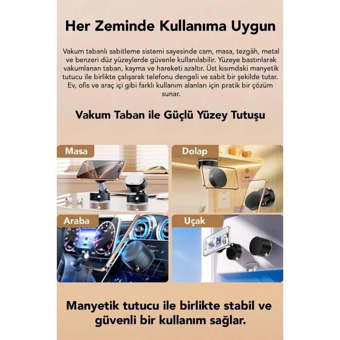 Vakumlu Telefon Tutucu - Katlanabilir Vakum Tabanlı Manyetik Araç İçi Telefon Tutacağı Siyah