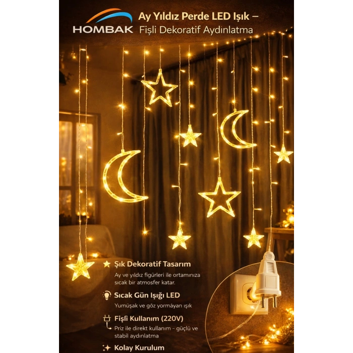 Ramazan Ledi Gün Işığı 3 m Ay Yıldız LED Perde Işık – Ay & Yıldız Şeklinde Dekoratif LED Işık