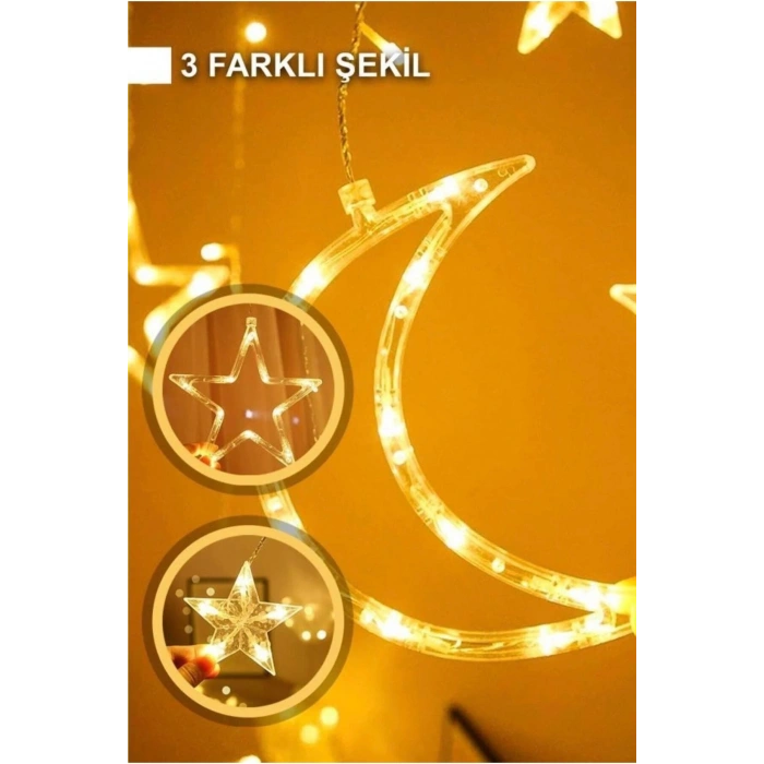 Ramazan Ledi Gün Işığı 3 m Ay Yıldız LED Perde Işık – Ay & Yıldız Şeklinde Dekoratif LED Işık
