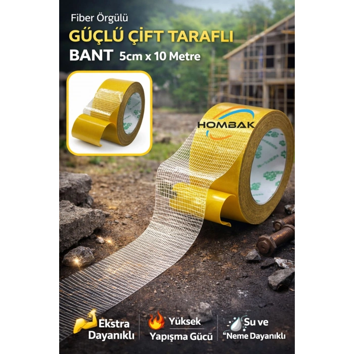 Fiber Örgülü Güçlendirilmiş Çift Taraflı Çok Amaçlı Bant Halı Kaydırmaz Bant 5cm X 10 Mt