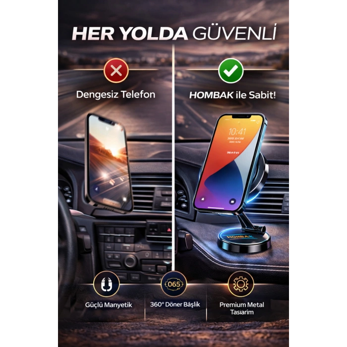 Manyetik Telefon Tutucu Araç İçi 360° Döner Premium Metal Stand Güçlü Mıknatıslı Telefon Tutacağı